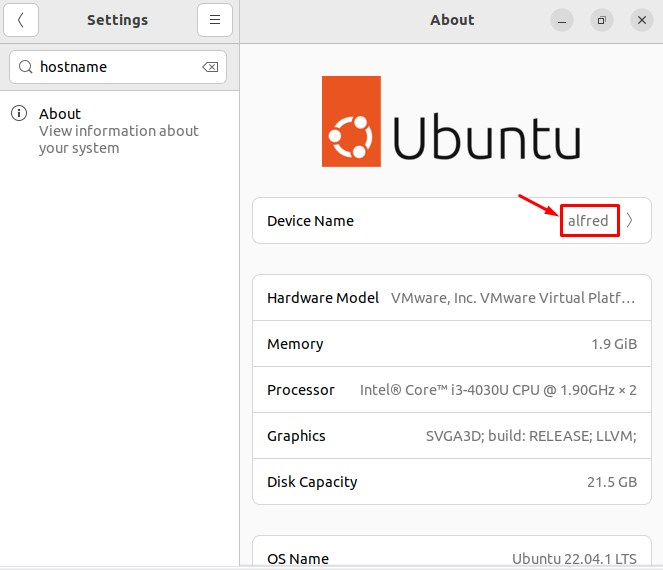 Open the Device Name to change hostname in ubuntu 22.04